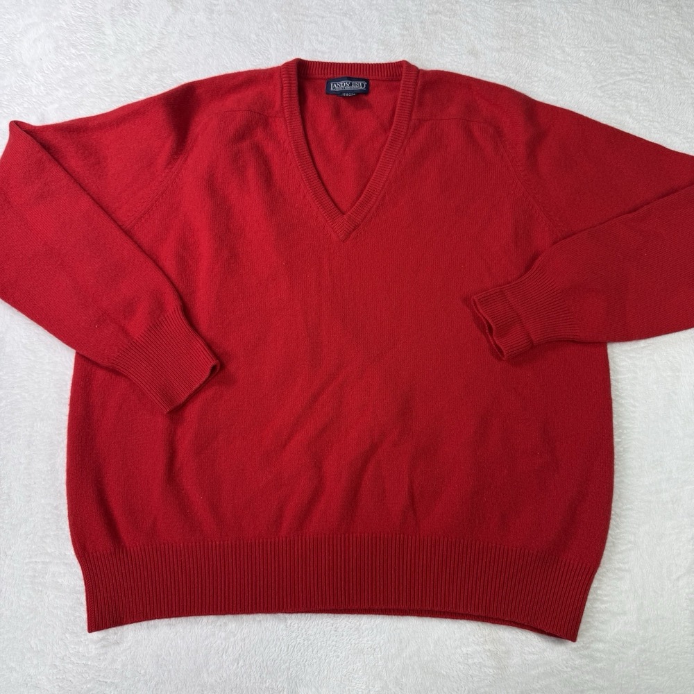 Lands End Sweater Mens XL Red Cashmere Wool V Neck Pullover Soft 90s Y2K